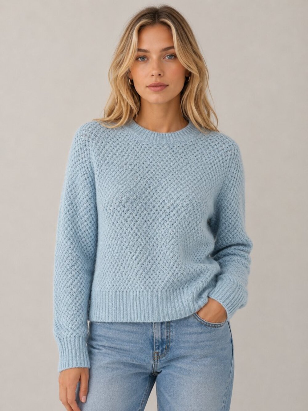 J. Crew Blue Honeycomb Stitch Crewneck Long Sleeve Sweater S NWOT